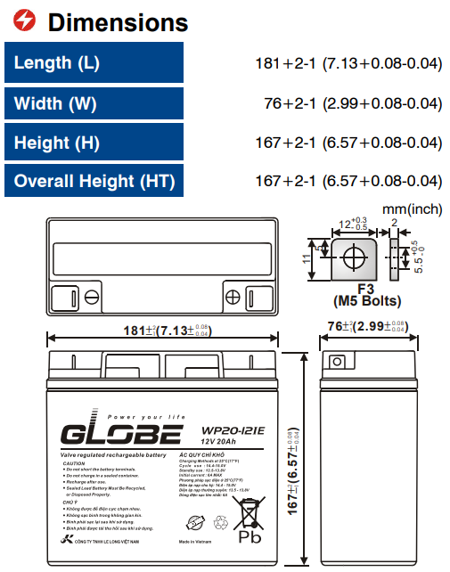 Bình Ắc Quy Khô GLOBE WP20-12IE 12V - 20Ah, ắc quy dùng cho loa kéo, lưu điện