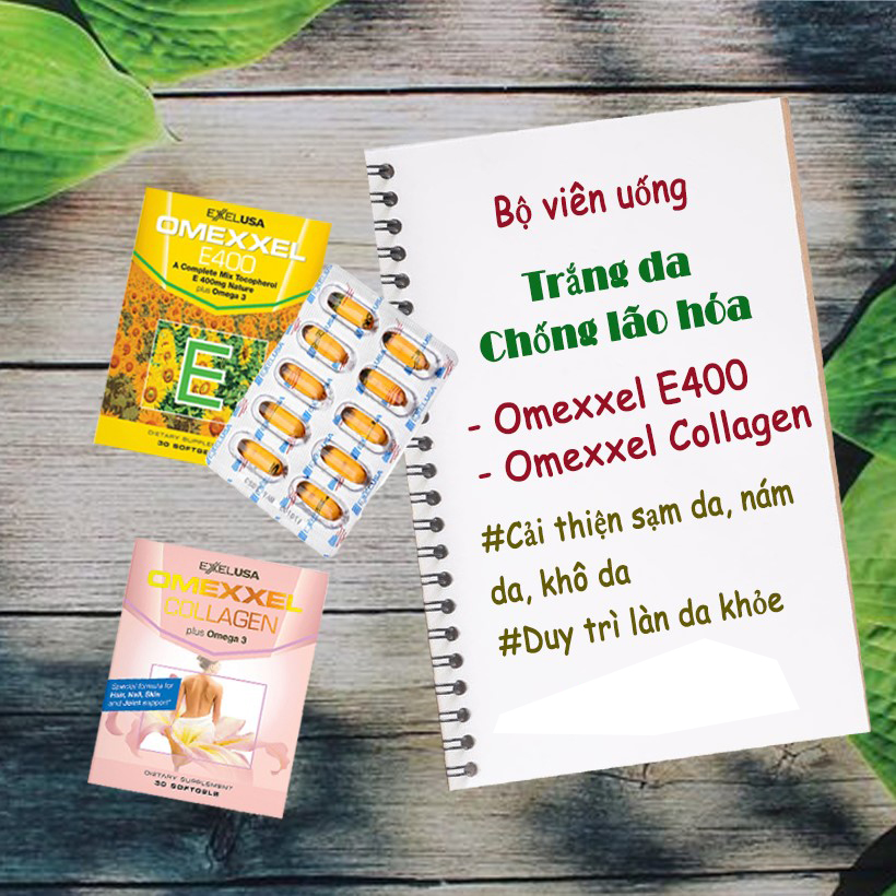 Bộ thực phẩm chức năng viên uống trắng da, chống lão hóa Omexxel E400 & Collagen 60 viên