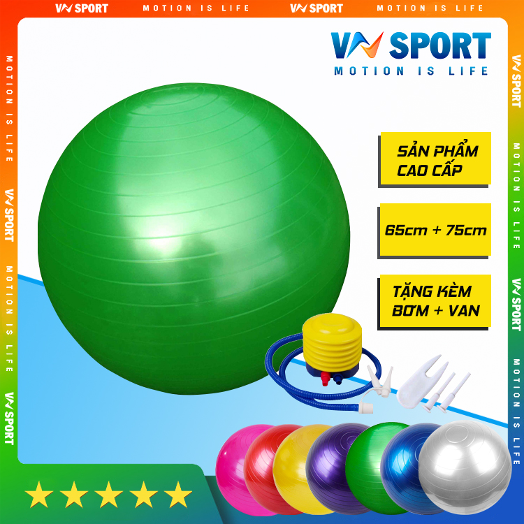 Bóng Tập Yoga Trơn Bóng VNS016, Bóng Tập Yoga 65cm Và 75cm Tặng Kèm Bơm Và Bộ Khóa Van Dự Phòng, Hàng Chính Hãng