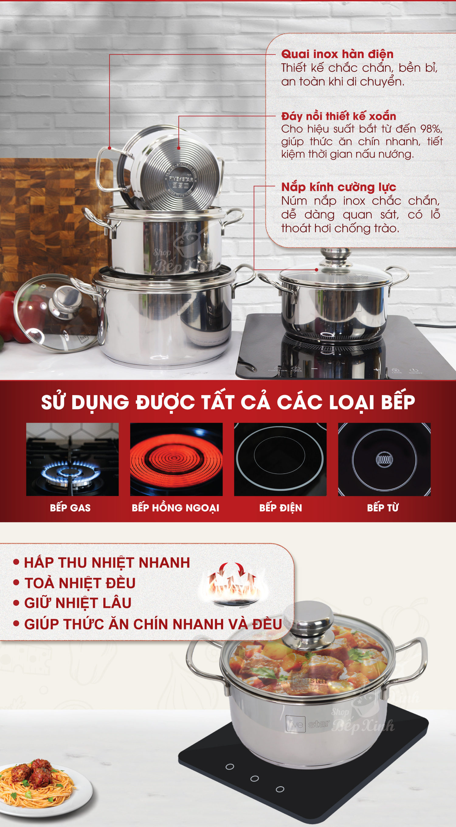 Bộ Nồi Inox 430 Bếp Từ 3 Đáy 3 Món Nắp Kính Fivestar Tặng 2 Muỗng Canh