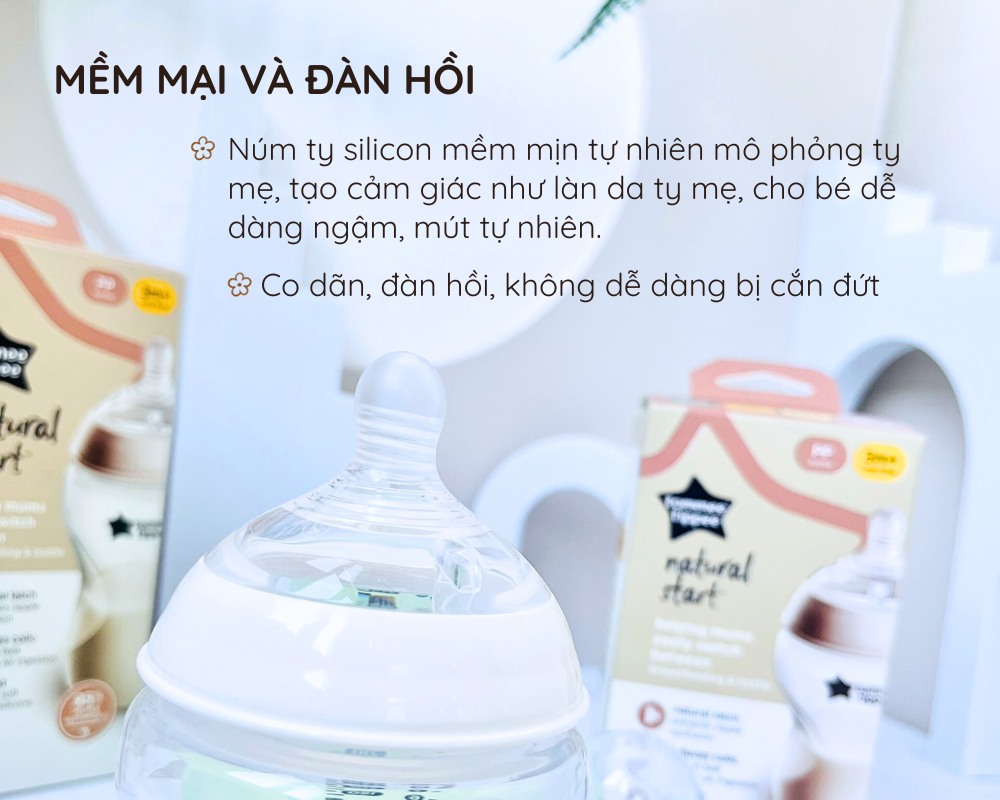 Combo Bình Sữa Tommee Tippee Natural Start Ty Siêu Mềm Tự Nhiên 260ml & Núm Ty Silicon Thay Thế 6M+