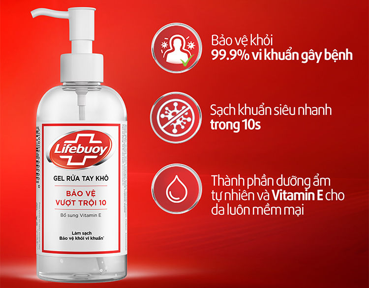 Gel Rửa Tay Khô Sạch Siêu Nhanh Lifebuoy Bảo Vệ Vượt Trội 10 (Chai Vòi 235ml)