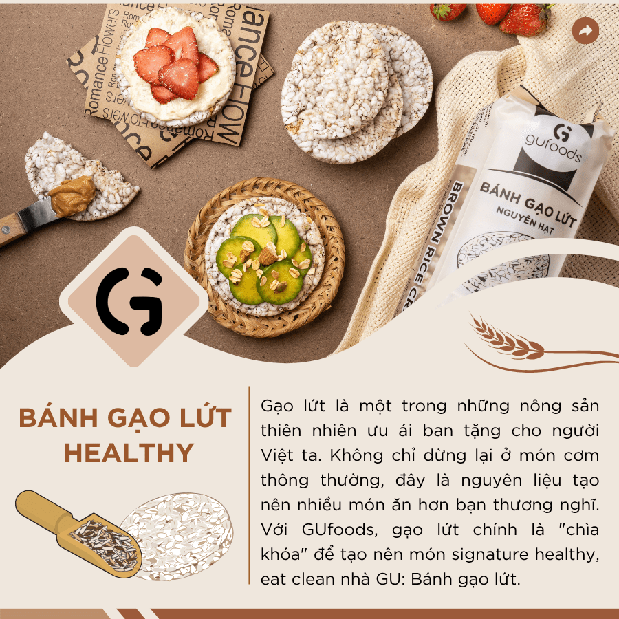 Bánh gạo lứt GUfoods (170g) - Không chiên dầu, Không đường, Từ gạo và ngũ cốc nguyên hạt, Lành mạnh, Phù hợp Eat clean, Ăn vặt healthy, Thực dưỡng, Tập gym, Thuần chay, Đa dạng hương vị