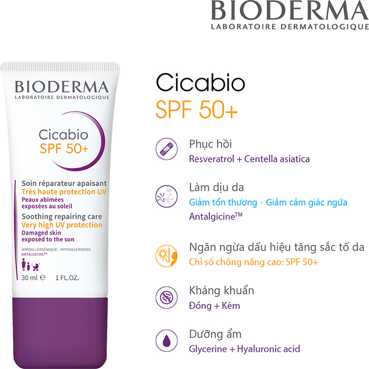 Kem Dưỡng Phục Hồi Da Tổn Thương Và Hạn Chế Tăng Sắc Tố Sau Viêm Bioderma Cicabio Creme Spf 50+ 30ml