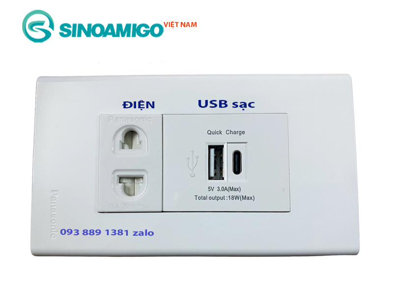 Hạt Ổ cắm sạc nhanh USB-C & USB-A âm tường Sinoamigo P21-QC1 18W - Lắp vừa mặt Pana chuẩn wide
