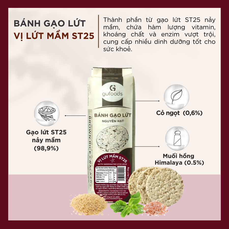 Bánh gạo lứt GUfoods (170g) - Không chiên dầu, Không đường, Từ gạo và ngũ cốc nguyên hạt, Lành mạnh, Phù hợp Eat clean, Ăn vặt healthy, Thực dưỡng, Tập gym, Thuần chay, Đa dạng hương vị