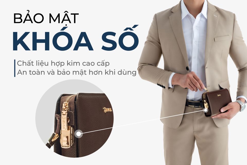 Clutch Nam Ví Cầm Tay GENCE RB07 Da Bò Khóa Số Cao Cấp Màu Nâu