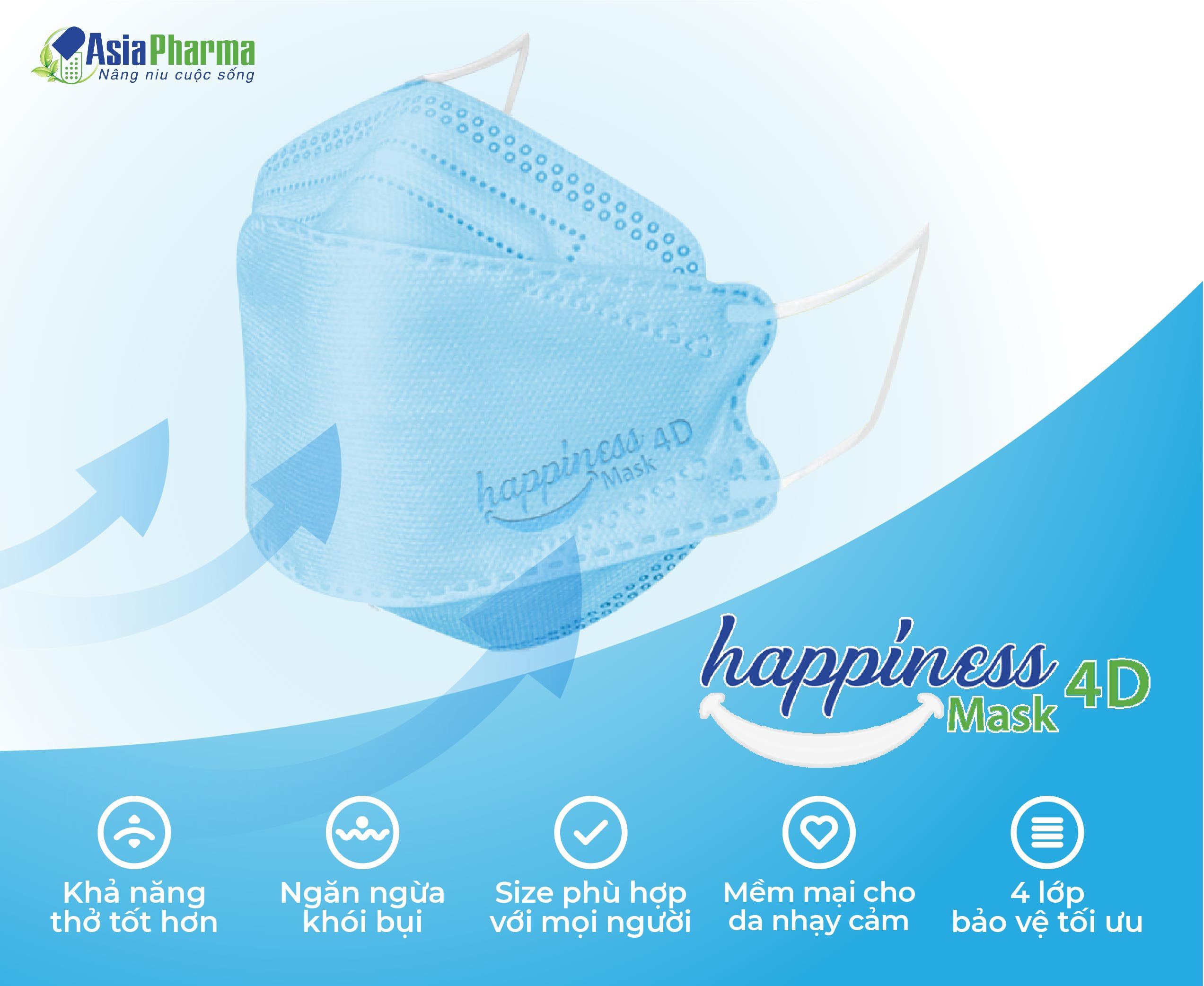 khẩu trang y tế 4 lớp kháng khuẩn cao cấp happiness 4d hàn quốc hộp 10 cái - asia pharma 3