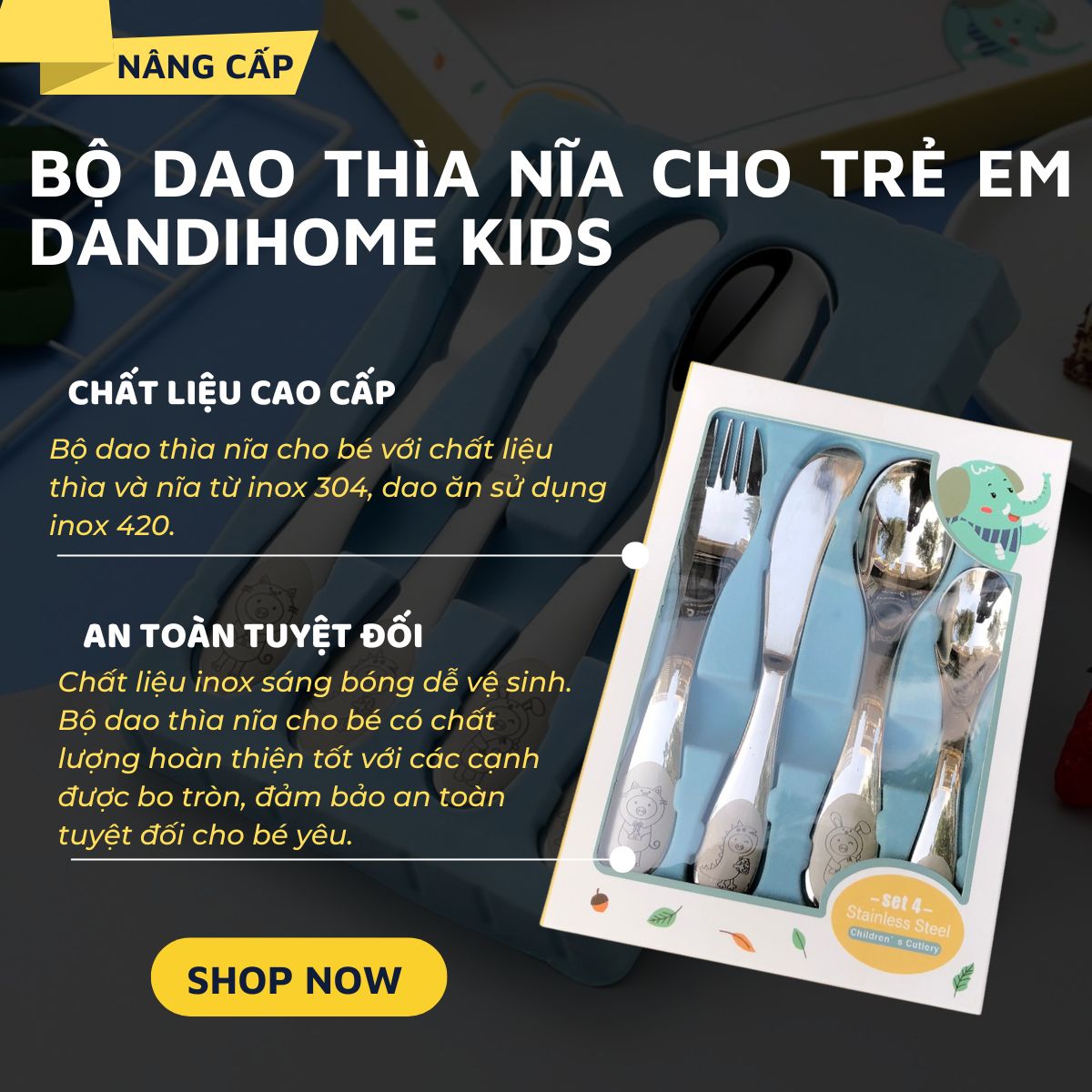 Bộ dao thìa nĩa tập ăn cho bé DandiHome inox 304 cao cấp - Có các lựa chọn