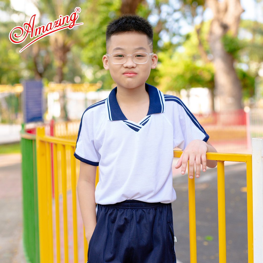 Áo thun thể dục thương hiệu Amazing cho bé trai, cổ bẻ và cổ tròn, đồng phục thể thao cho học sinh nam nữ các cấp