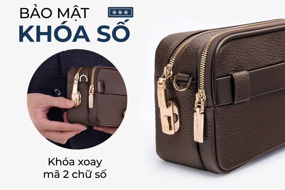Ví Da Cầm Tay Clutch Nam Chính Hãng GENCE RB09 Da Bò Khóa Vân Tay Cao Cấp Màu Nâu