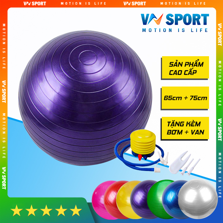 Bóng Tập Yoga Trơn Bóng VNS016, Bóng Tập Yoga 65cm Và 75cm Tặng Kèm Bơm Và Bộ Khóa Van Dự Phòng, Hàng Chính Hãng