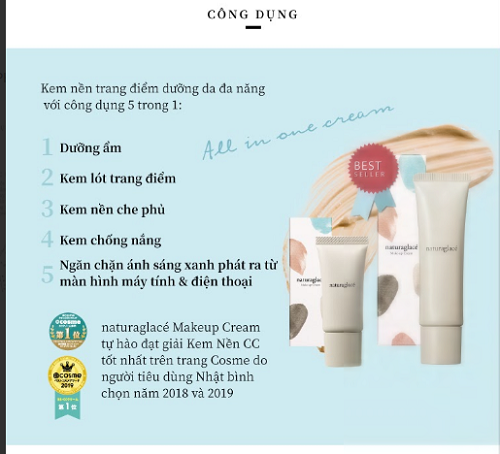 Make Up Cream On The Go (30 gói Shachet) - Kem nền hữu cơ đa năng naturaglacé Make Up Cream (02 - Màu be tự nhiên)