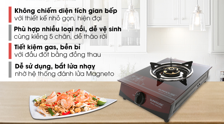 Bếp Gas Dương Đơn Mặt Kính Sunhouse SHB212KG - Hàng chính hãng