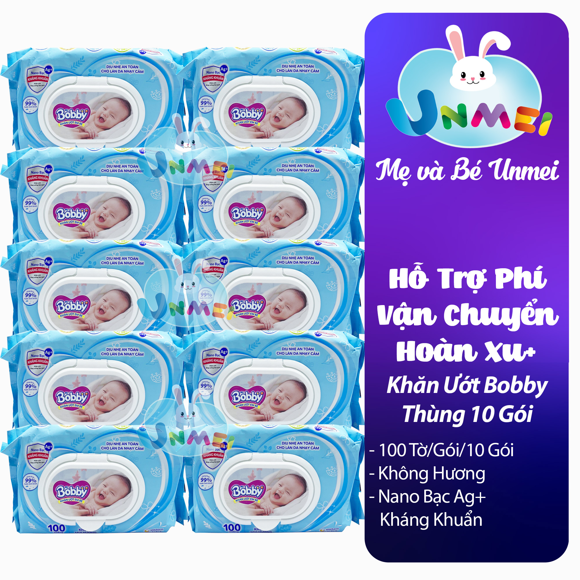 Combo Tiết Kiệm: 10 Gói Khăn Ướt Bobby Care Không Hương 100 Miếng/Gói