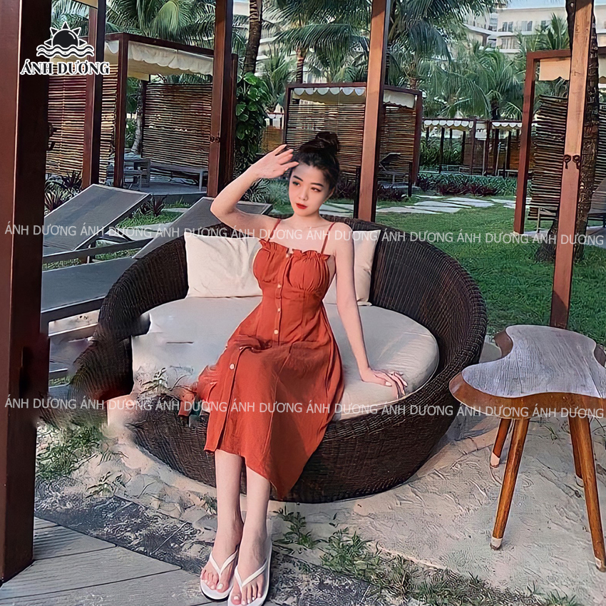 Váy 2 dây hở lưng dáng dài cài nút màu cam Ánh Dương Clothing