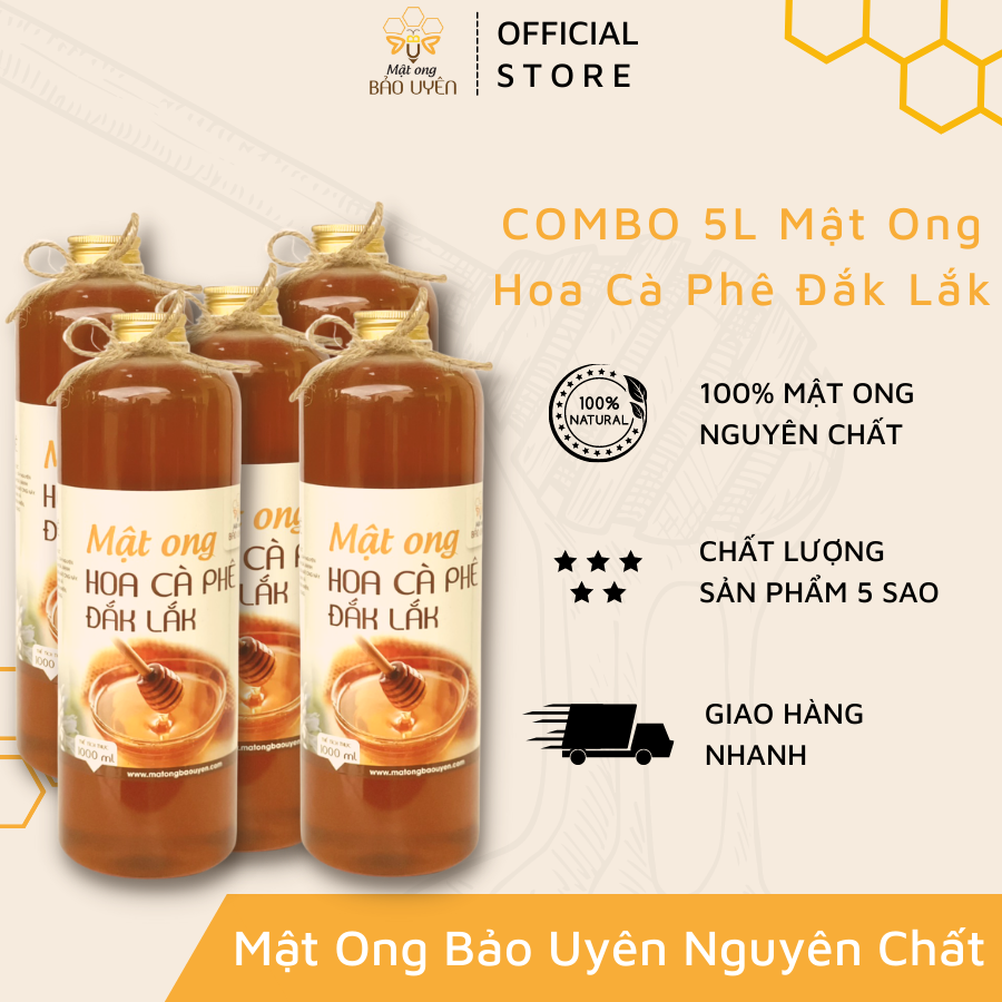 combo 5 chai mật ong hoa cà phê 100% nguyên chất bảo uyên chống oxy hóa tăng cường sức sức đề kháng chai dung tích 1 lít 1