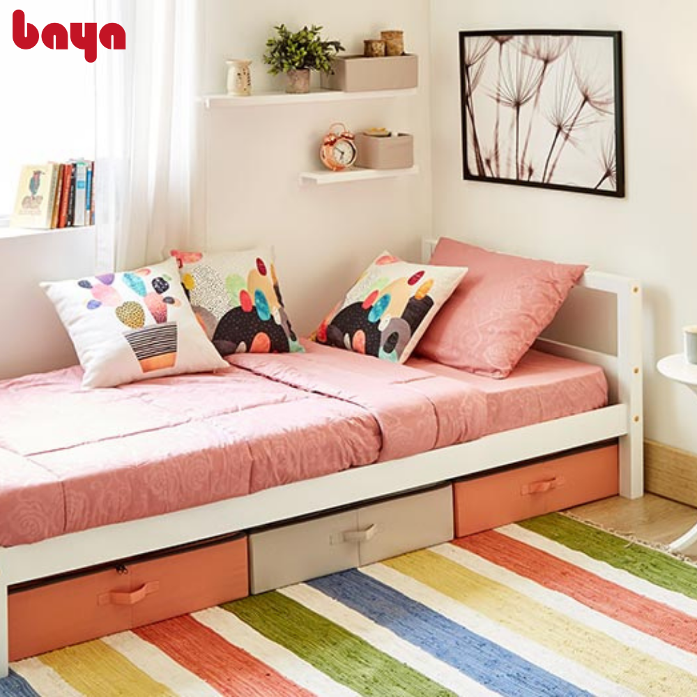 bộ giường gỗ keo và nệm mút baya sapa-set thiết kế mộc mạc với giường màu trắng và đệm viền xanh kích thước nhỏ gọn 6000189 5