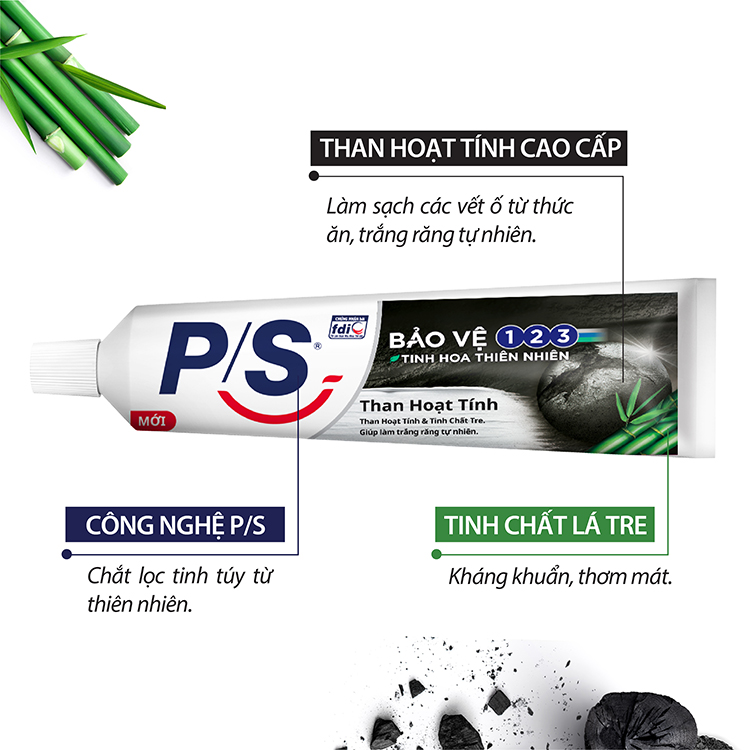 Combo Kem Đánh Răng P/S Than Hoạt Tính 230g Và Bộ 2 Bàn Chải P/S Than Bạc