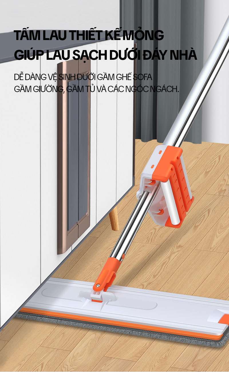Cây Lau Nhà Tự Vắt KITIMOP WHITE 42CM, Chổi Lau Nhà Tự Vắt Thông Minh Xoay 360 Độ, Lau Sàn Làm Sạch
