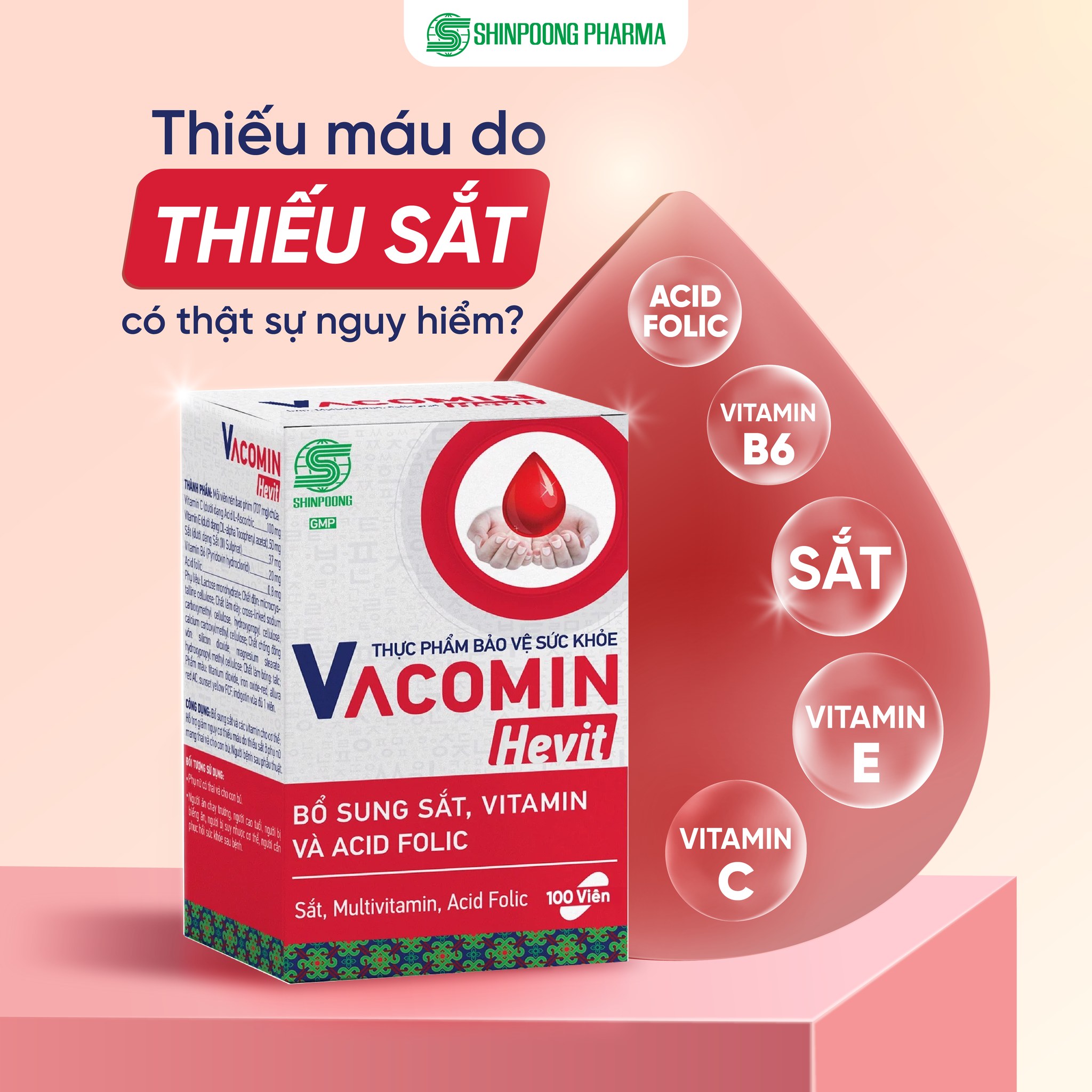 [Hộp 100 Viên] Viên Uống VACOMIN HEVIT Bổ Sung Sắt (Fe) Cho Người Có Nguy Cơ Thiếu Máu | Kết Hợp Acid Folic, Vitamin C, E, B6 - SHINPOONG PHARMA