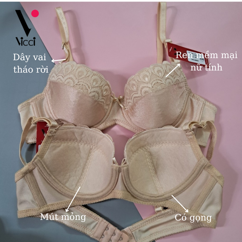 Áo lót nữ nâng ngực mỏng, có gọng Vicci AV.05 cúp chéo phối viền ren, dây vai có thể tháo rời, mềm mại, thoáng mát tạo cảm giác dễ chịu, thoải mái tuyệt đối