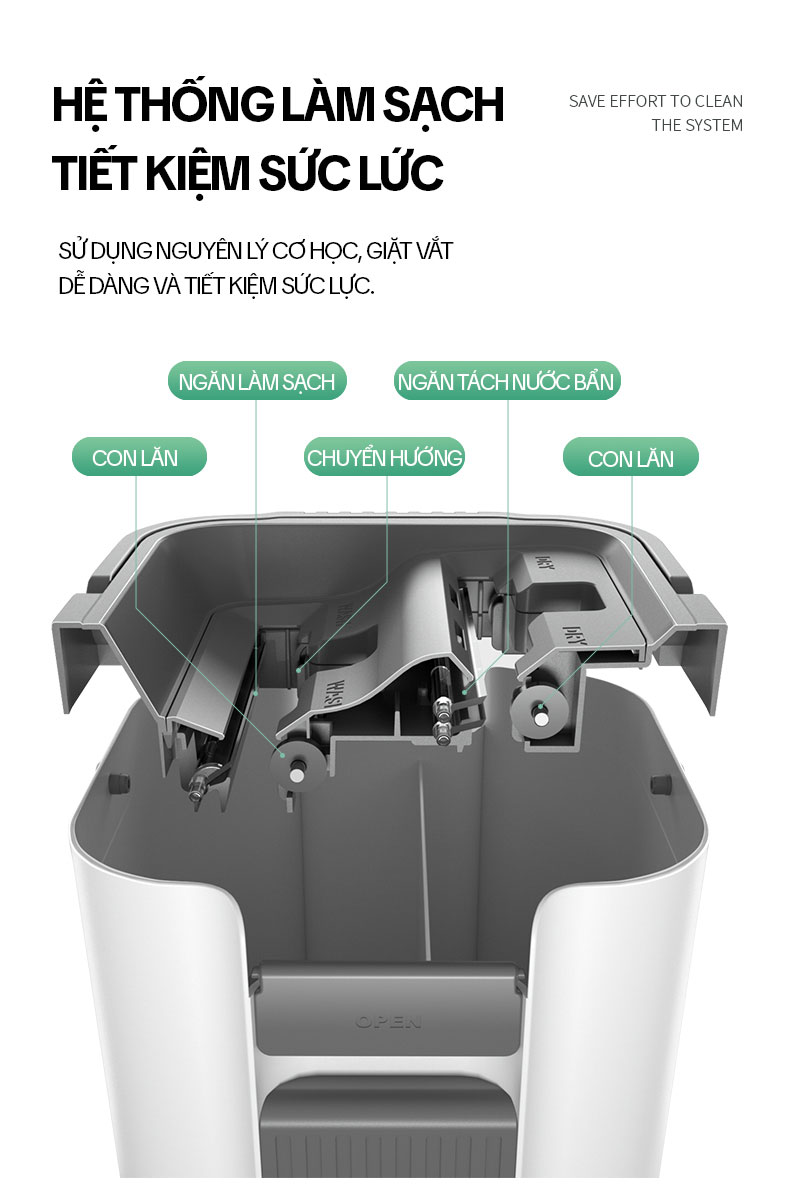 Bộ Cây Lau Nhà KITIMOP C6 PLUS-PRO, Thùng Lau Nhà Tự Vắt Thông Minh, Chổi Lau Nhà Xoay 360 Độ, Lau Sàn Làm Sạch