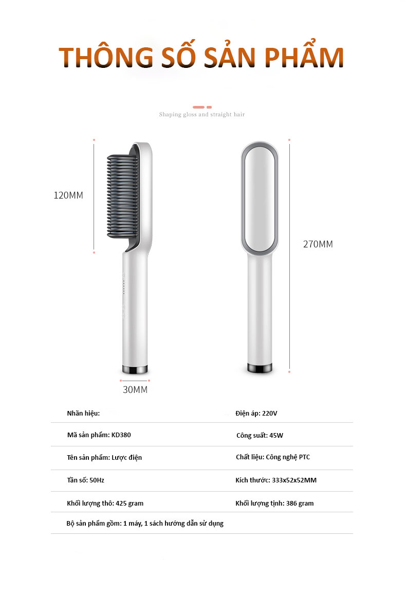Lược Điện Chải Tóc, Công Suất 45W, Giúp Tóc Bồng Bềnh, Óng Mượt; Làm Xoăn, Duỗi Thẳng Dễ Dàng, Có Đèn Cảnh Báo Nhiệt Độ, Tăng Giảm Nhiệt Độ Dễ Dàng- Hàng Chính Hãng 