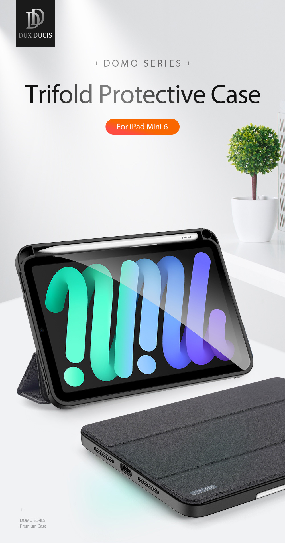 Bao da Dux Ducis Domo Series cho iPad Mini 7/ Mini 6 có khe cắm bút, auto sleep/ wake_ Hàng chính hãng