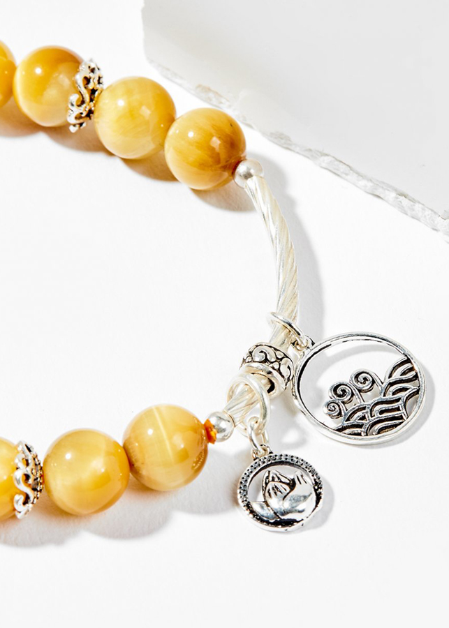 Vòng Tay Phong Thủy Nữ Đá Mắt Hổ Vàng Tâm Phối Charm Hoa Sen Bạc (8mm) Mệnh Thổ, Kim
