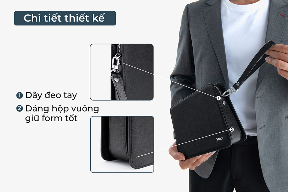 Ví Da Cầm Tay Clutch Nam Hàng Hiệu GENCE CK14 Da Bò Khóa Số Cao Cấp Màu Đen