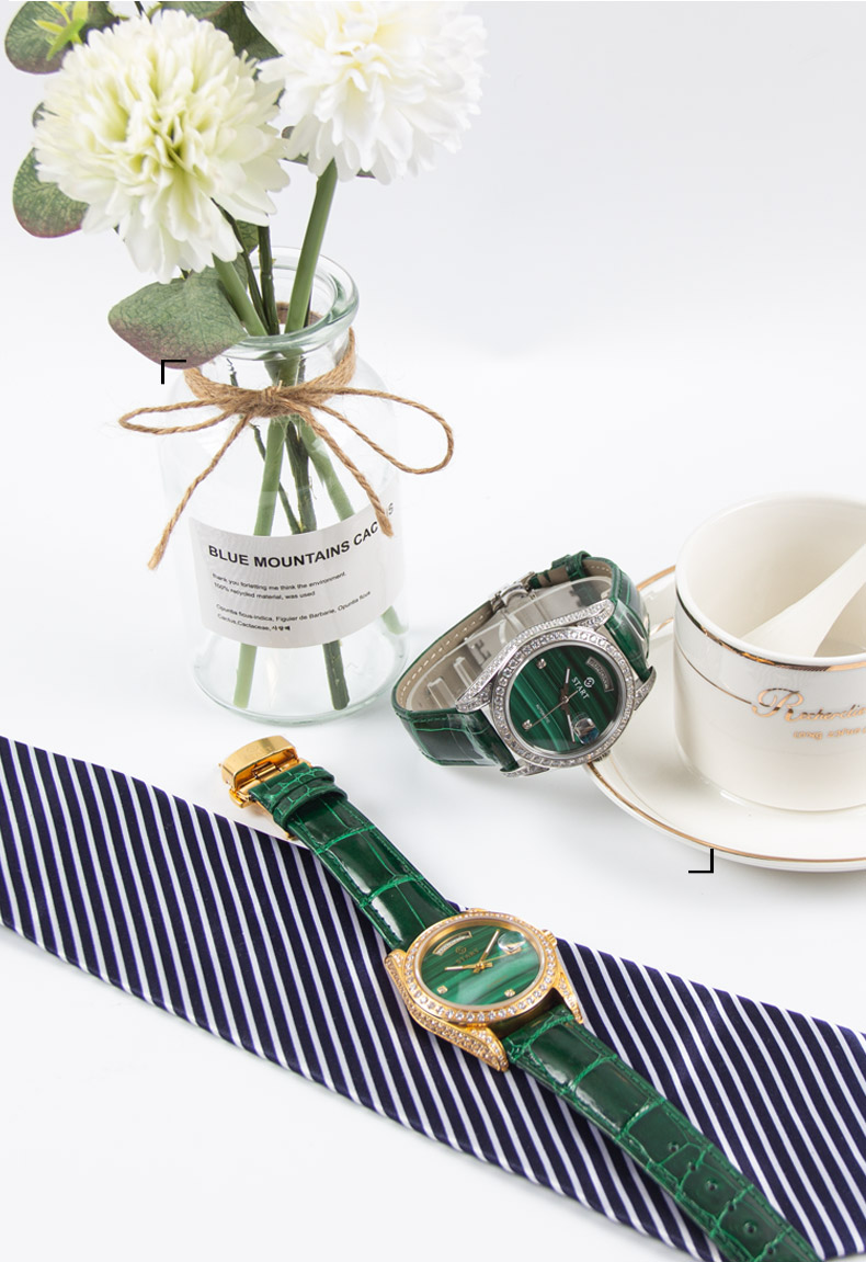 【START】Đồng hồ nam đá khổng tước tự nhiên（Malachite）đồng hồ kim cương chức năng hiển thị thứ ngày  đồng hồ cơ tự động dây da cá sấu Khóa bướm