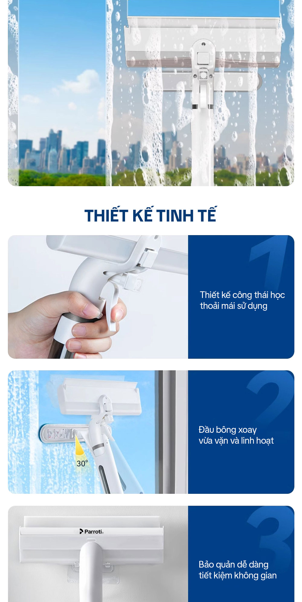 Cây lau kính, gạt chùi kính 4 trong 1, cán nhôm độ dài linh hoạt, thu nước trên kính, có phun sương Parroti Shiny SN04
