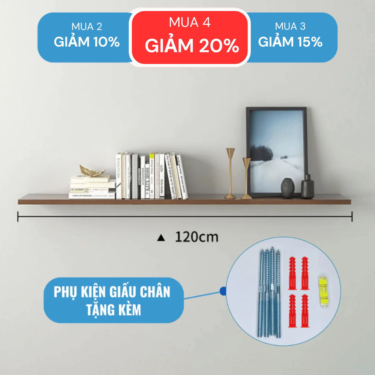 [Mua 3 giảm 15%] Kệ Ngang Rộng 20cm, Dài 40/60/80cm, Thanh Gỗ 17mm Decor Trang Trí Treo Tường KT003