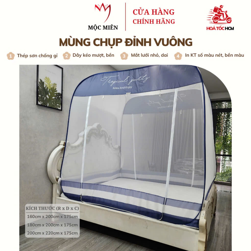 Màn Chụp Đỉnh Vuông Cao Cấp Mộc Miên - Kích Thước 1,6mx2m ( Hình thật )