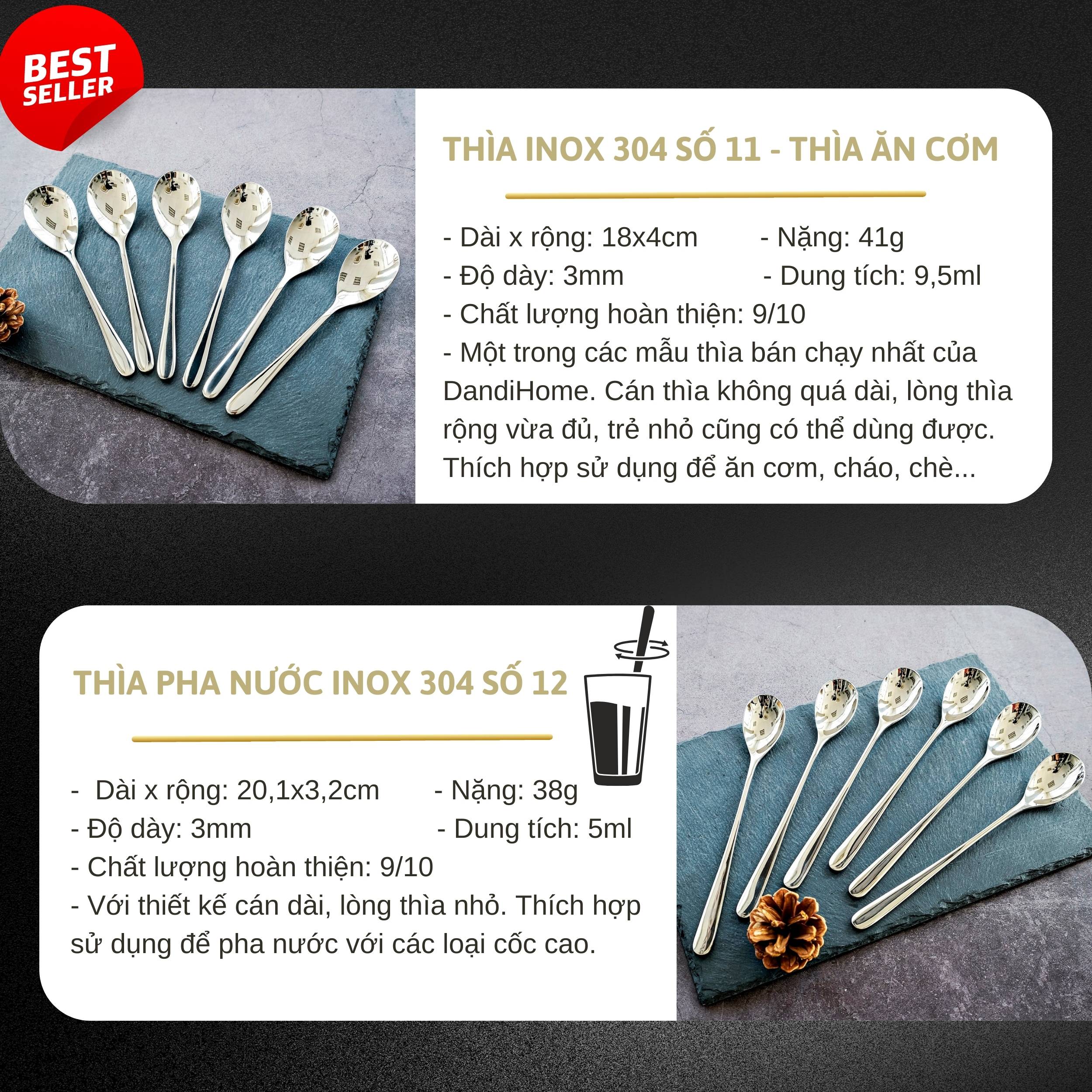 Bộ 6 thìa muỗng inox 304 DandiHome 2020 cao cấp, sang trọng, tinh tế