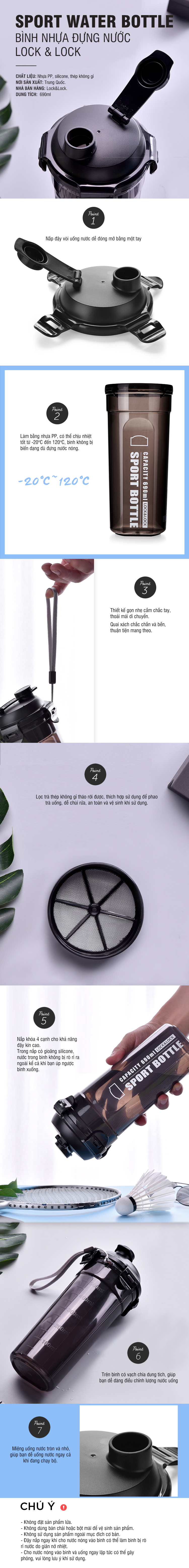 Bình Nhựa Đựng Nước Sport Lock & Lock 690ML - Màu Đen