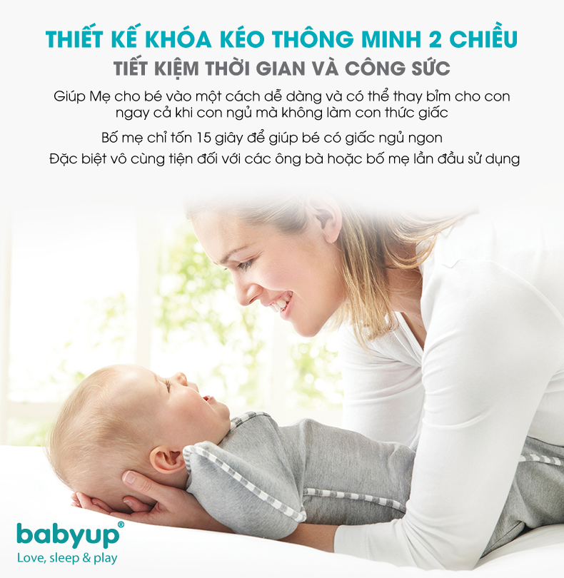 Nhộng chũn cho bé cao cấp Babyup. Nhộng ngủ cho trẻ sơ sinh Giúp bé ngủ ngon, sâu giấc, chống giật mình - Nhộng ngủ Vải cotton co giãn 4 chiều, mềm mại thoáng mát - Có khóa kéo 2 chiều