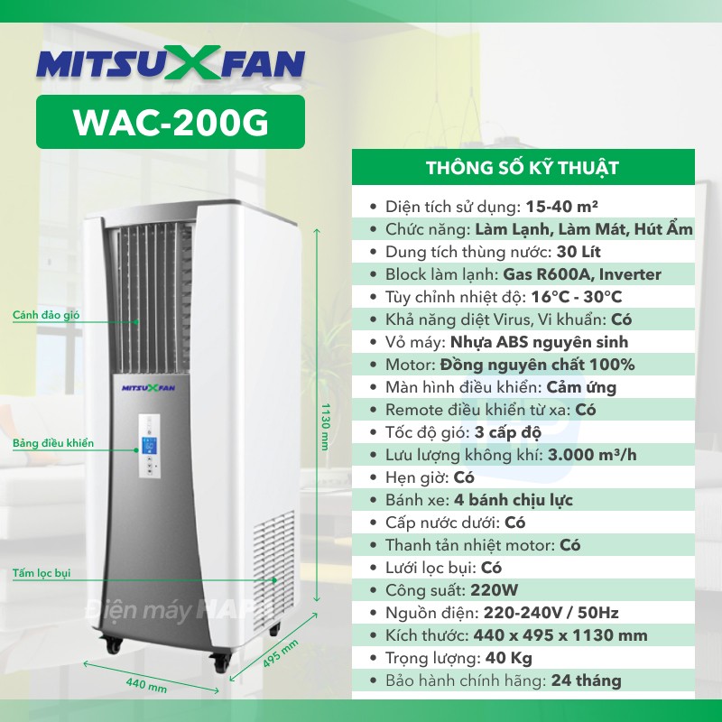 Máy Lạnh Di Động Hơi Nước MITSUXFAN WAC-200W, WAC-200G - Vua Làm Mát - 06