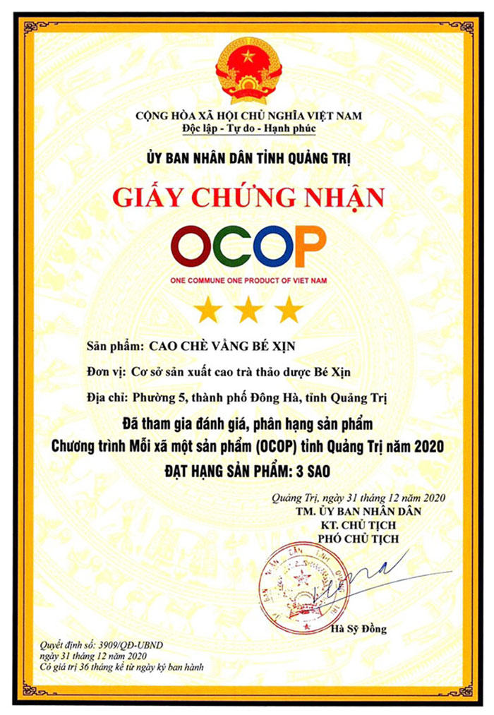 giấy chứng nhận cao chè vằng bé xịn đạt occop