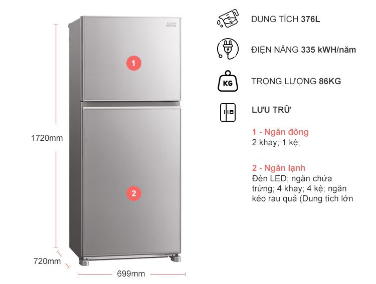 Tủ Lạnh Inverter Mitsubishi Electric MR-FX47EN-GSL (376L) - Hàng chính hãng