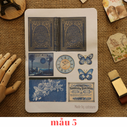 Sticker tự cắt Blue mix ephemera - sticker vintage dán, trang trí sổ nhật kí, sổ tay | Bullet journal - kc003