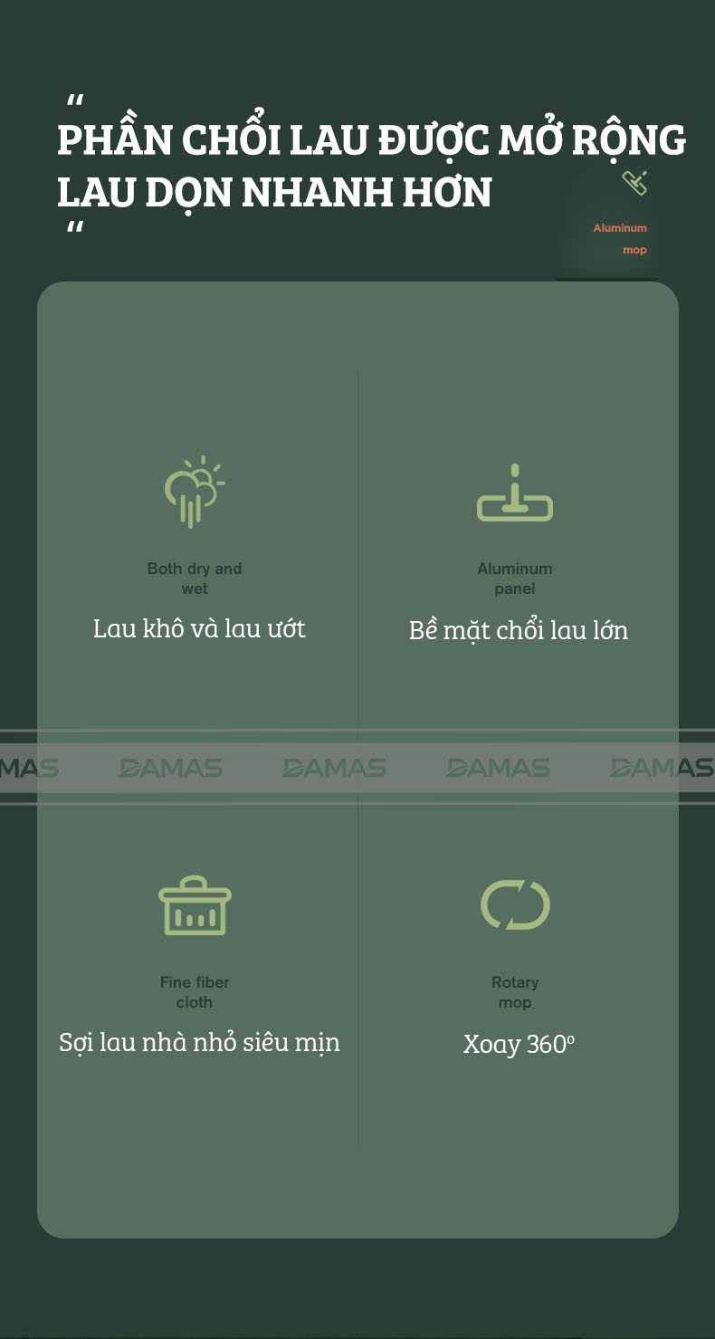 Cây Lau Nhà Thông Minh Hợp Kim Cao Cấp, Chổi Lau Nhà 360 Độ Lau Sạch Vắt Khô DAMAS CT2 - Bản Lau To Giúp Lau Sạch Nhanh Chóng, Khớp Xoay 180 Độ Linh Hoạt - Tự Động Gấp Gọn Tiện Lợi, Tích Hợp Thanh Lược Chải Làm Sạch Bông Lau Dễ Dàng Mà Không Cần Động Tay