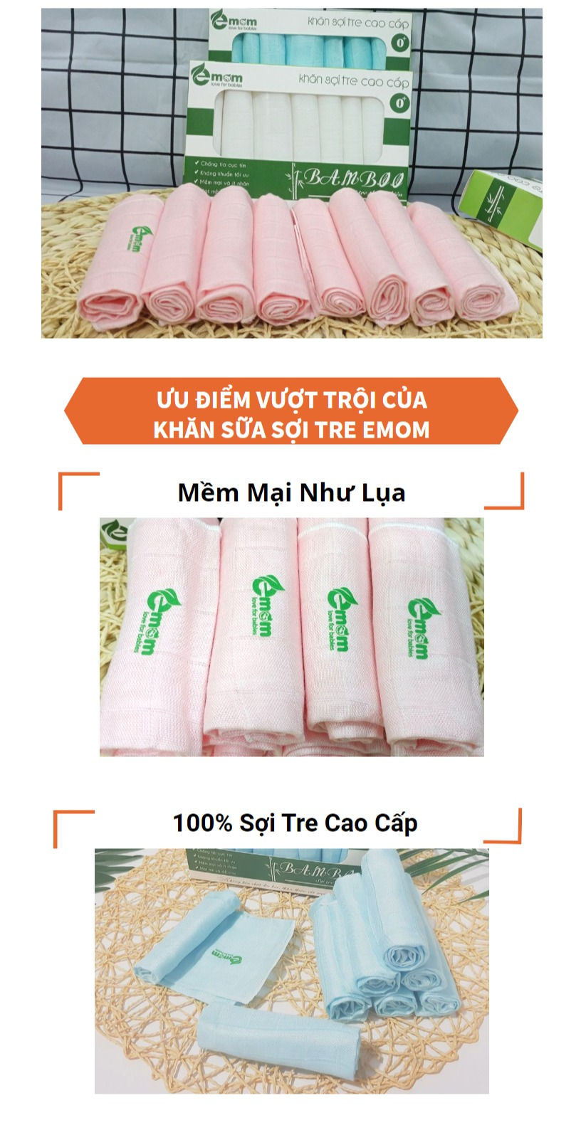 [Hộp 8 Chiếc] Khăn Sữa Sợi Tre Cho Bé Emom - Khăn Đẹp, Kháng Khuẩn, Mềm Mại Và Siêu Thấm Hút - Khăn Xô Bamboo Cho Bé 100% Sợi Bamboo Organic An Toàn Cho Bé 3