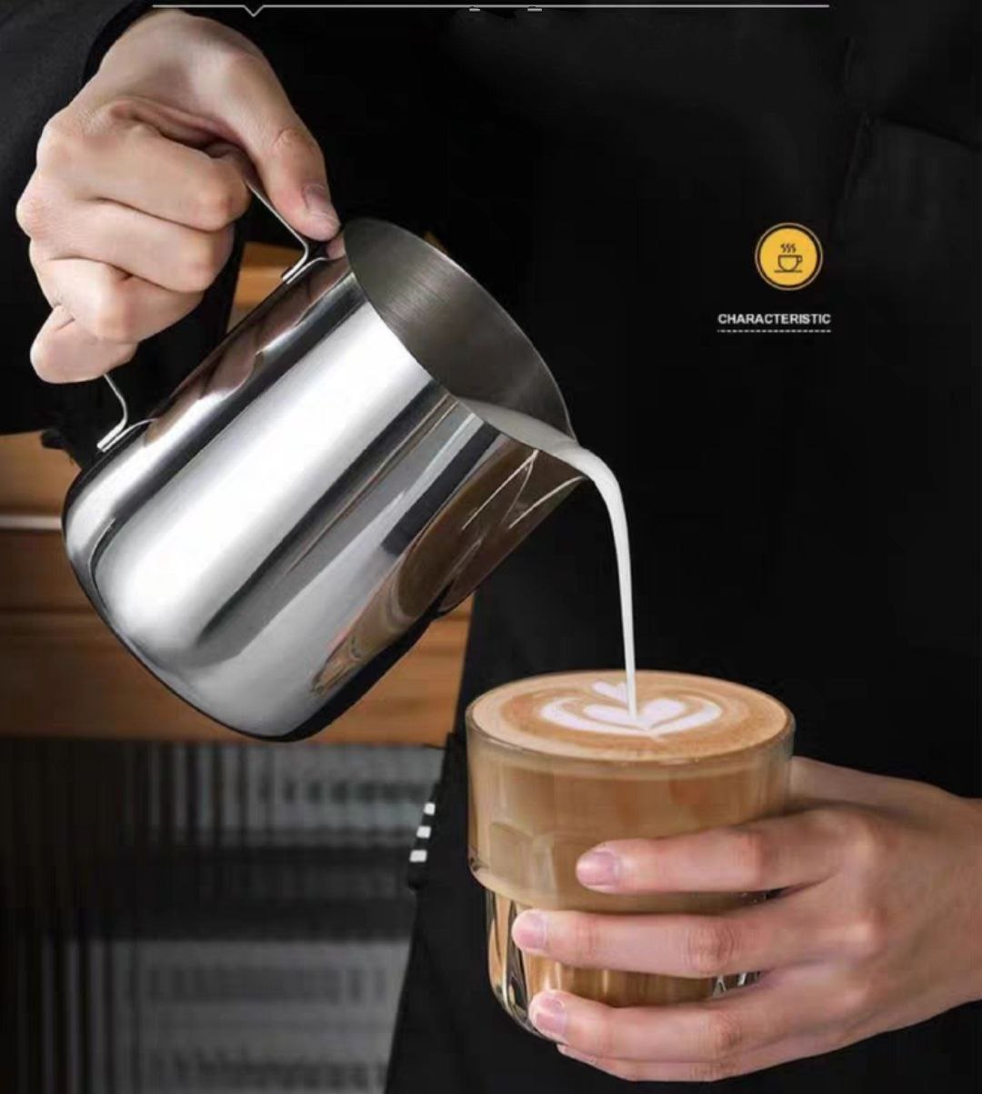 Ca đánh sữa pha chế đồ uống dành cho nhà hàng khách sạn quán bar  - ca inox 304 đánh sữa có quai, chia vạch CNC dõ nét chính sác dành cho cà phê Cappuccino/Latte