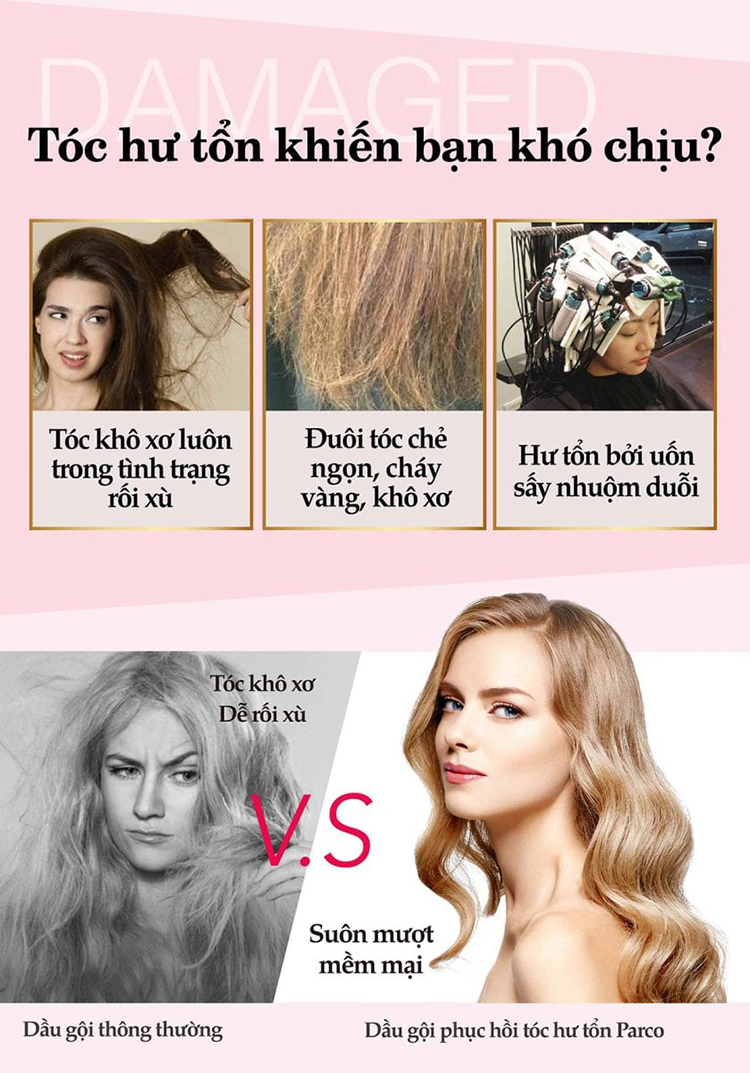 Combo Dầu Gội (Hồng) + Tinh chất +Dầu Xả Parco Dưỡng Tóc Chắc Khỏe-Phục hồi mềm mượt