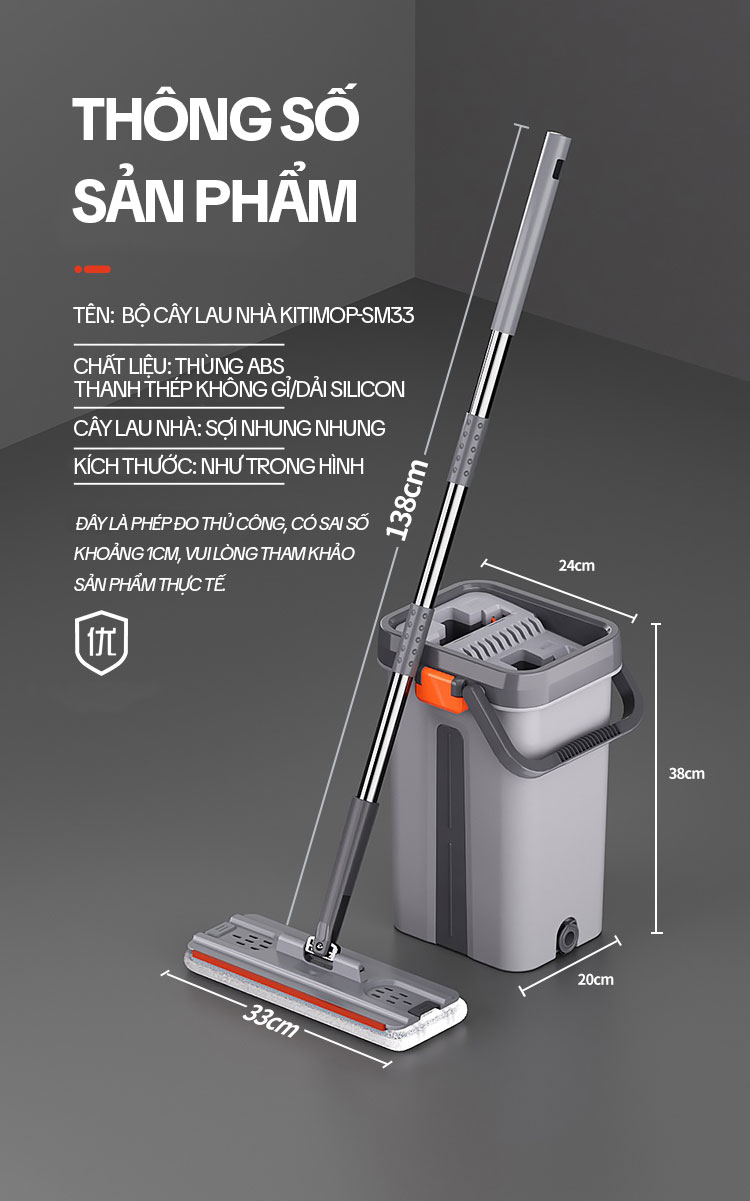 Bộ Cây Lau Nhà KITIMOP SM33 PRO, Thùng Lau Nhà Tự Vắt Thông Minh, Chổi Lau Nhà Xoay 360 Độ, Lau Sàn Làm Sạch