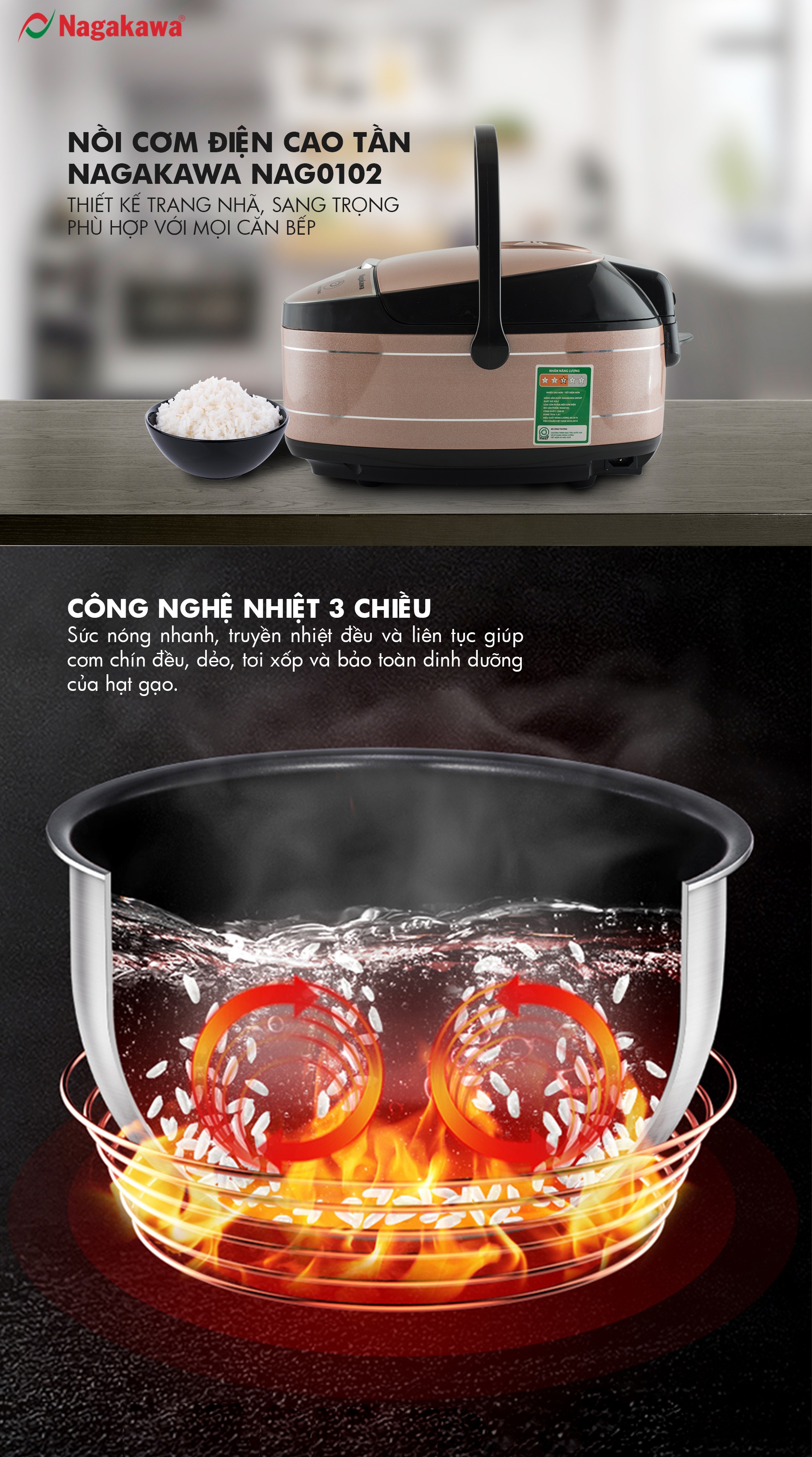Nồi Cơm Điện Cao Tần Nagakawa NAG0102 - Gold Trắng - Hàng Chính Hãng