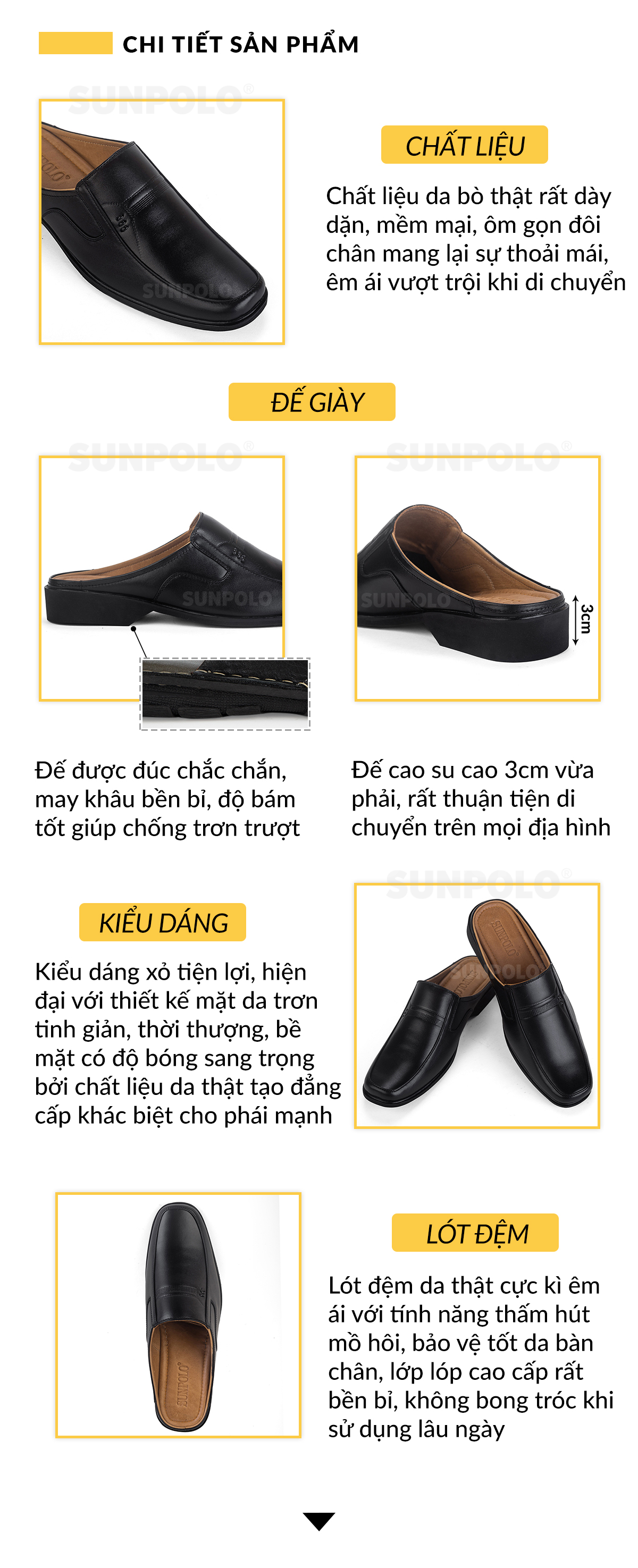 Giày Sapo Bít Mũi Nam Da Bò Cao Cấp SUNPOLO SPO001 (Đen)