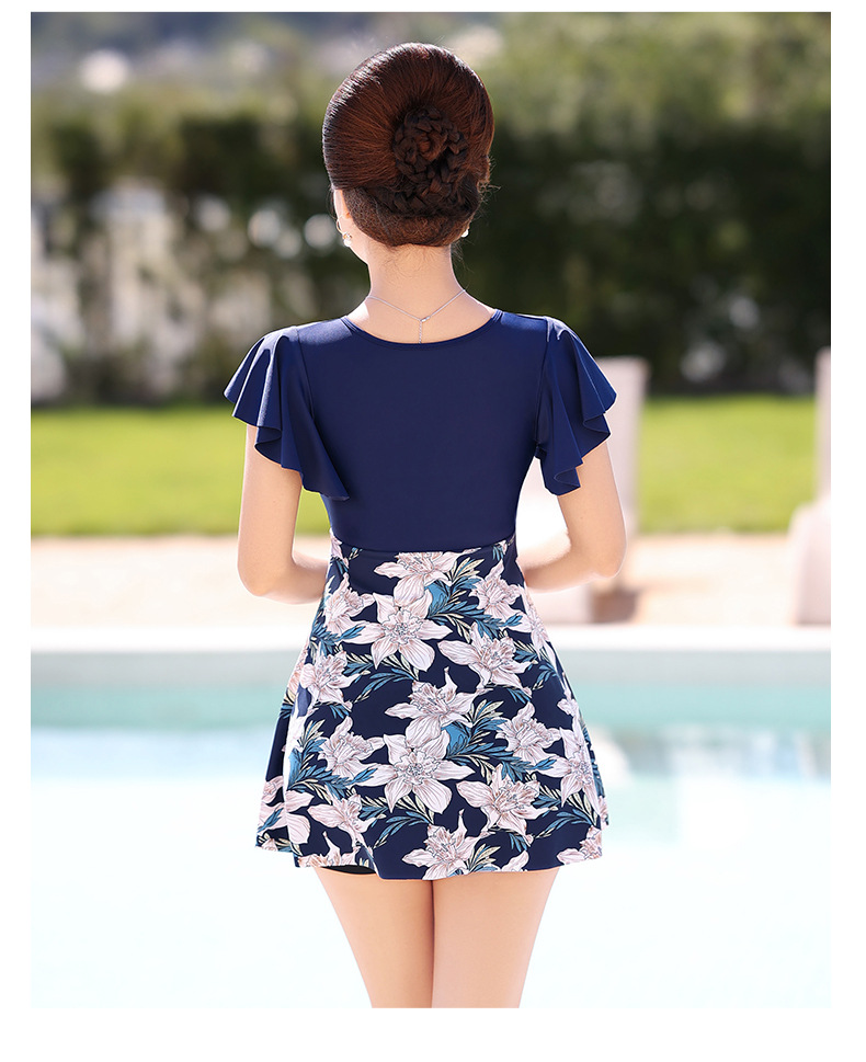 Bộ bơi trung niên, áo tắm cho người có tuổi, đồ bơi cho mẹ và bà, mẫu liền thân dáng váy & quần short đùi rời gọn gàng, màu sắc trang nhã, chất thun bơi lạnh Lycra cao cấp dày mịn mát, co giãn đa chiều | KT004